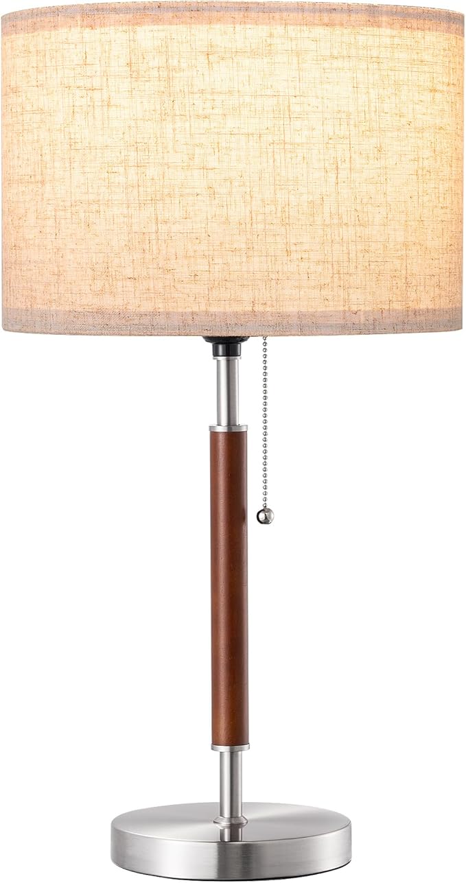 EDISHINE Mid Century Table Lamp, Solid Wood and Metal Bedside Lamp with Pull Chain Switch & Beige Linen Shade, Retro Nightstand Lamp for Bedroom Living Room End Table, E26 Base