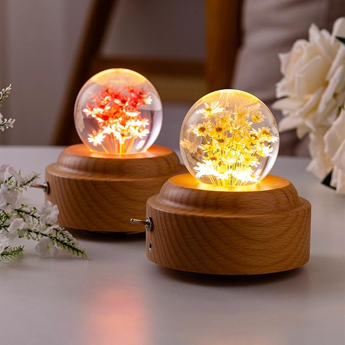 1 Pieces 6cm Diameter Yellow Glass Little Daisy Ball Night Light Music Box Wood You are My Sunshine Mechanism Flower Decor Romantic Birthday Valentine's Day for Girlfriend Her Women