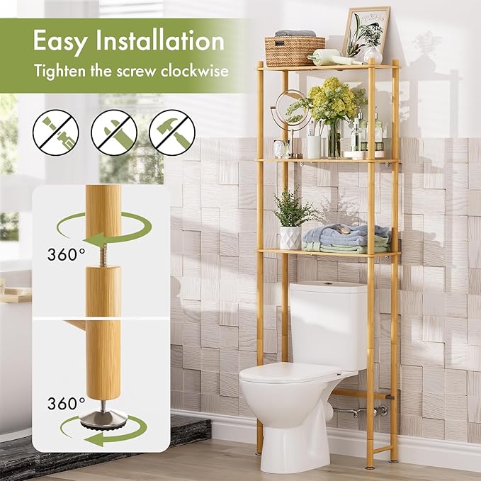 AmazerBath Over The Toilet Storage Shelf Bamboo, 3-Tier Over Toilet Organizer Rack, Freestanding Above Toilet Shelf for Bathroom, Laundry, Space Saver, Natural Color