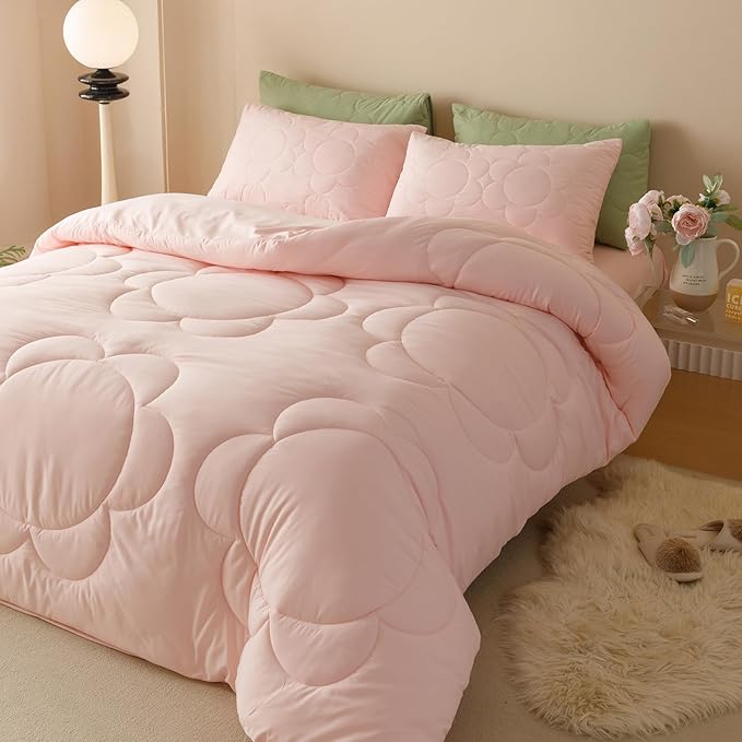 Luxlovery Pink Sunflower Comforter Set Queen Light Pink Quilted Boho Farmhouse Blush Bedding Comforter Set Boho Vintage Soft Breathable Comforter Women Girls