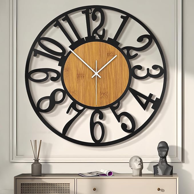 LEIKE Large Wall Clocks,Silent,Non Ticking,Battery Operated Rustic Round Modern Big Wood Wall Clock for Living Room, Bedroom,Kitchen,Farmhouse,Office,Home Decor