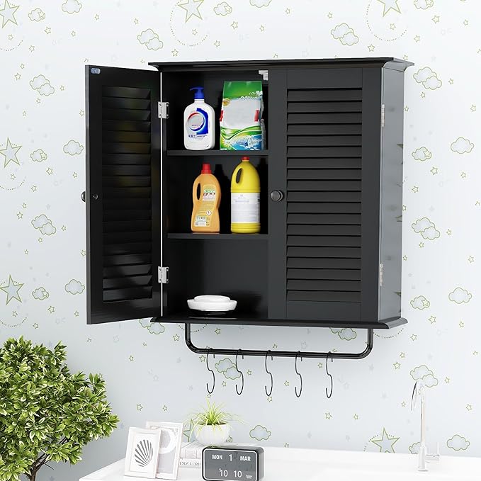 TaoHFE Bathroom Cabinet Wall Mounted Designer Bathroom Wall Cabinet Medicine Cabinet with Double Shutter Doors 3 Tier Adjustable Shelf with Towel Rack Over The Toilet Storage Cabinet Laundry (Black)