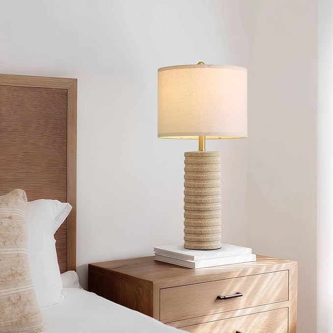 PoKat 27" Farmhouse Ceramic Table Lamps Set of 2 for Bedroom, Stone-Like Rustic Nightstands Lamps for Night Stands, Distressed Beige Bedside Lamps with Natural Textured for Living Room, Sand-Colored