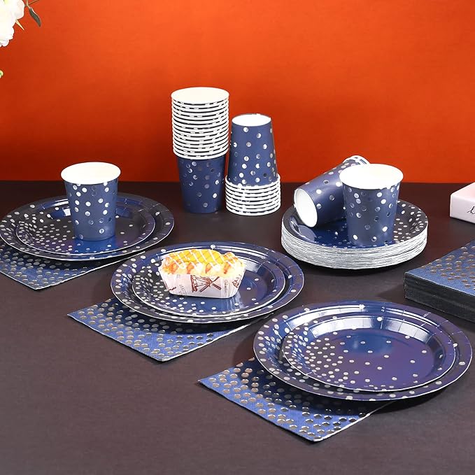 200 Navy Blue Plates and Napkins Party Supplies - Serve 50 Guests, Blue and Silver Birthday Plates Disposable for Wedding Anniversary Retirement Graduation Decorations