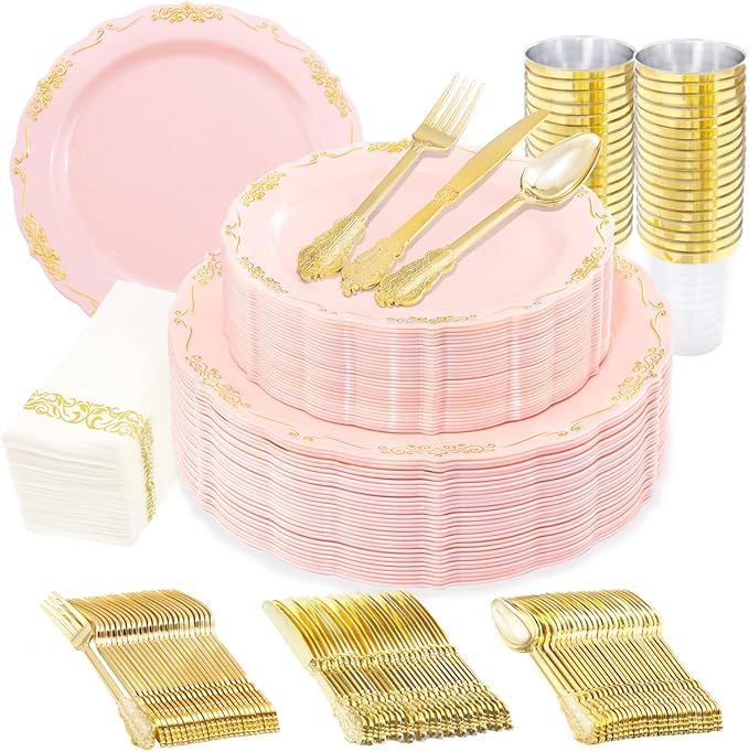 Supernal 210 Pink and Gold Plastic Plates ＆ Plastic Silverware,Elegant Party Cups,Dessert/Salad Plate with Gold Rim, disposable paper Napkins,Suit for Bridal Shower, Wedding,Birthday