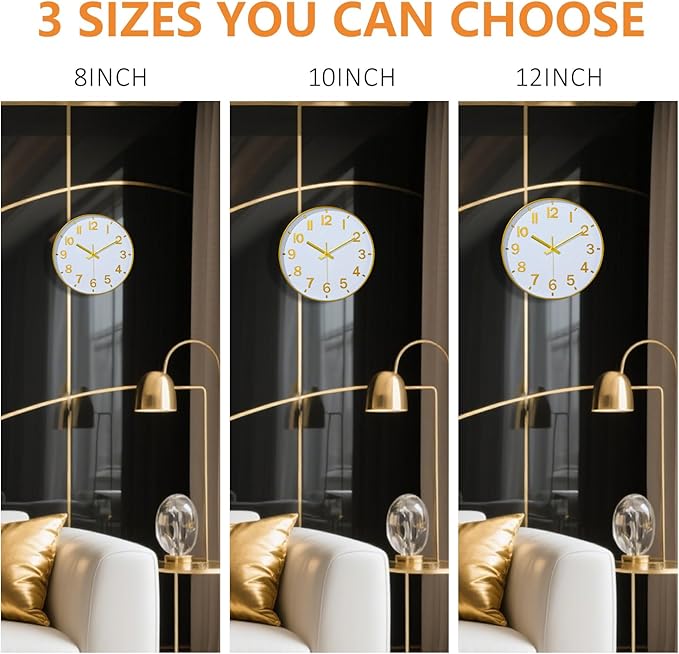 Gold Wall Clock, 8 Inch Wall Clocks Battery Operated, Round Modern Non Ticking Silent Digital Analog Small Wall Clock for Bedroom Living Room Kitchen Office Gym Classroom Outdoor Clocks