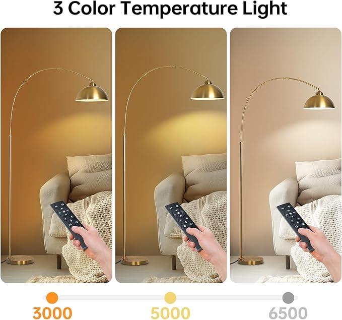 Floor Lamp with 3 Light Modes Adjustable– Modern Arc Standing Tall Lamp Dimmable Brightness, Perfect for Living Room, Bedroom, and Office, Gold