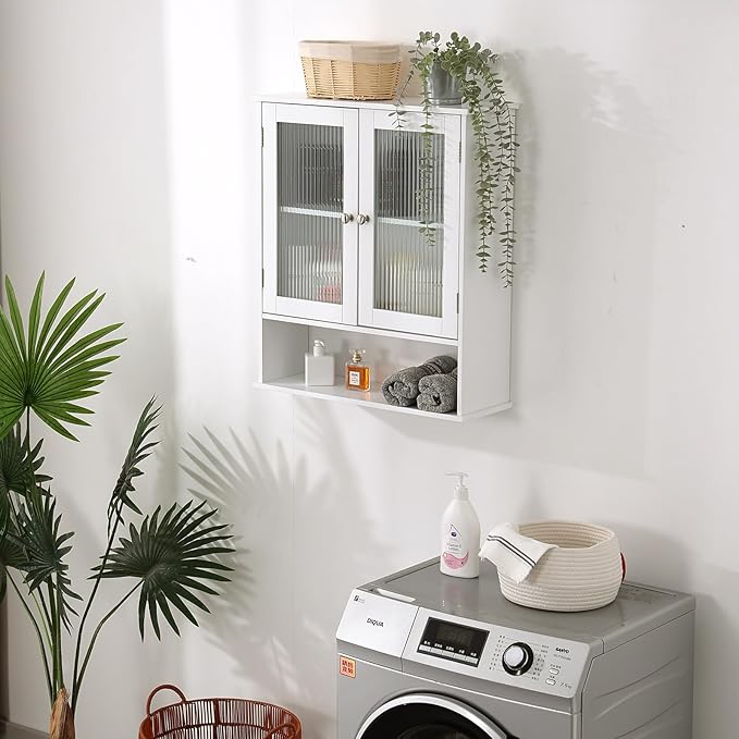LITA Bathroom Wall Cabinet with Glass Doors, Medicine Cabinet with Adjustable Shelves, Space Saver Over Toilet Storage Cabinet for Bathroom, Living Room, Kitchen, White
