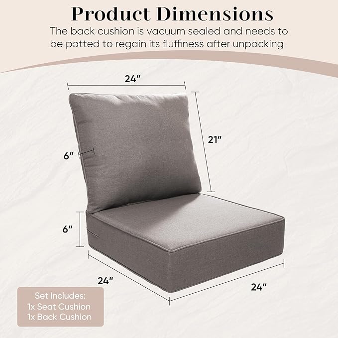 Outdoor Seat Cushion Set-24 x 24 x 6 Inch Outdoor Chair Cushions with Water Resistant & Removable Cover Outdoor Cushions for Patio Furniture Chair Sofa Couch-Grey