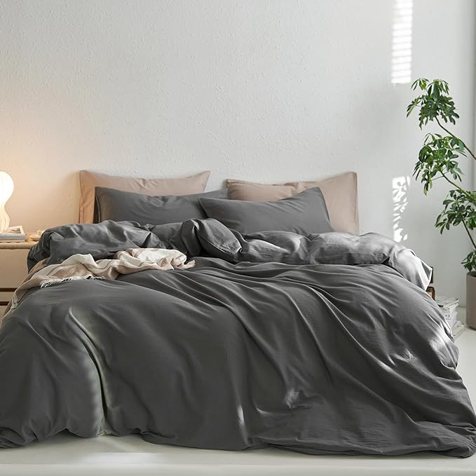 MooMee Queen Duvet Cover Set, 100% Washed Cotton Linen Like Twill Thick Sturdy Material Super Soft Breathable Durable Bedding for All Season, 3 Pieces (Dark Gray, Queen 90"x90")