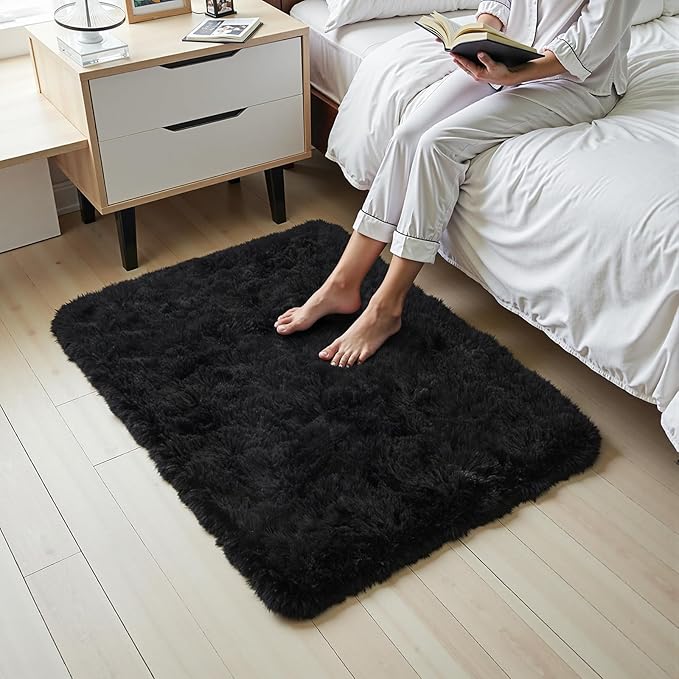Black Fluffy 8x10 Area Rug for Living Room, Plush Shag Rugs for Bedroom, Large Soft Furry Carpets for Kids Room, Modern Indoor Nursery Carpet for Classroom Dorm Cozy Comfy Home Decor