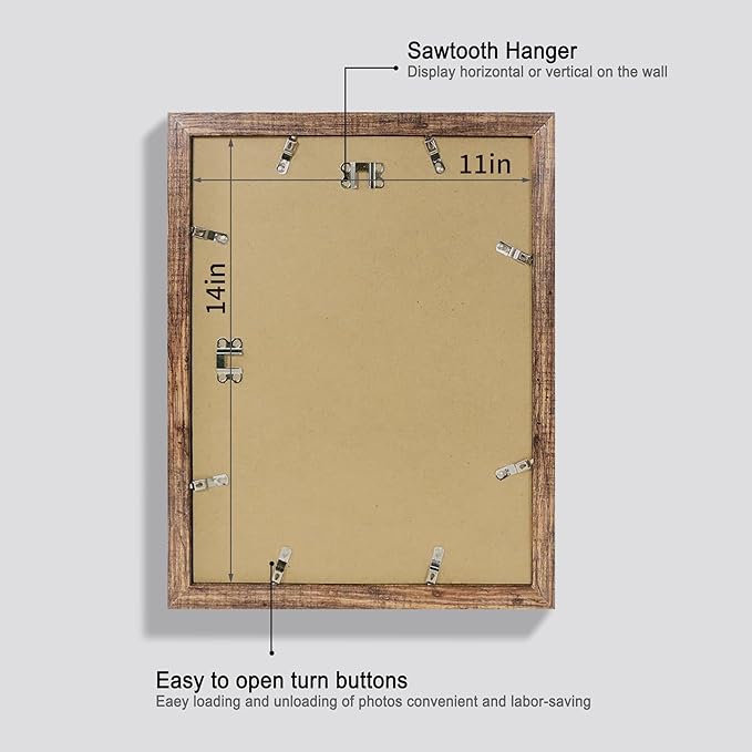 11x14 Picture Frame Set of 2, Made of Real Glass and Rustic Brown Wooden Frame, Display 8x10 Pictures with Mat or 11 x 14 Posters without Mat for Wall Mounting, Gallery Photo Frames