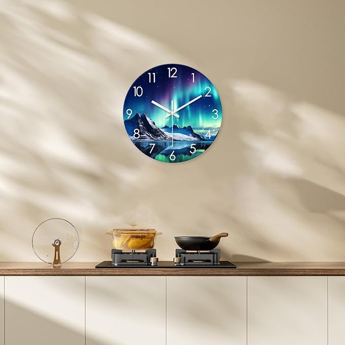 XNM Teal Glass Wall Clocks Battery Operated 12 Inch Aurora Modern Clock for Kitchen Living Room Glacier Lake Wall Clock Silent Non Ticking