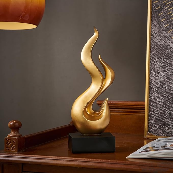 FJS Gold Decor Abstract Flame Statue, Modern Home Decorations for Living Room Dining Room, Resin Sculptures for Shelf Bookshelf Coffee Table Centerpiece