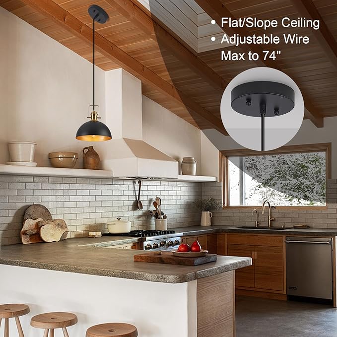 12 Inch Pendant Lights for Kitchen Island Matte Blacks Farmhouse Pendant Light fixtures Adjustable Height Dome Hanging Light for Dinning Room Bedroom Hallway,2 Packs