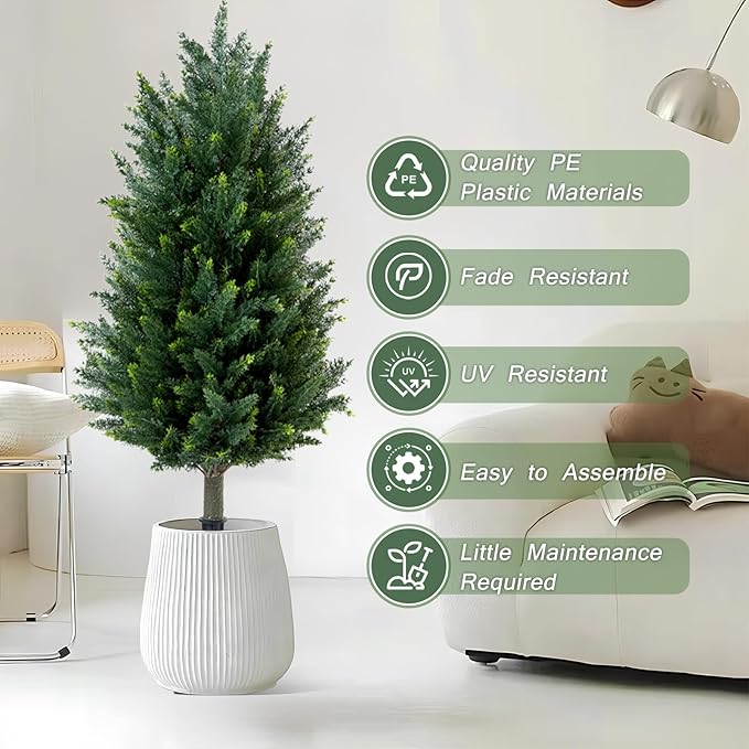 3FT Artificial Cedar Topiary Trees with Ground Spike, UV Resistant Fake Cypress Bushes Artificial Shrubs 2 Pack Faux Cypress Plants for Outdoor Indoor Front Porch Garden