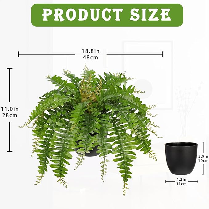 Hollyone Artificial Fern Plants in Pot 18.8" Small Artificial Boston Fern 24 Leaves for Outdoors & Indoor Faux Potted Plant Fake Ferns Bush Plant for Patio Garden Farmhouse Porch Home Decor Green