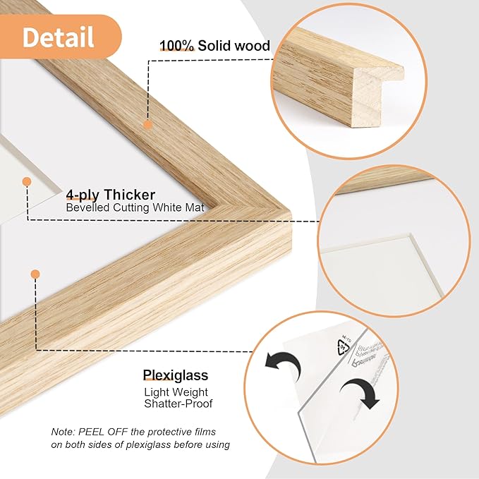 12x16 Frame with Mat for 8.5x11 Set of 3, Natural Solid Oak Wood 12x16 Picture Frame, Lightweight for Wall Mounting(3 Pack,Oak)