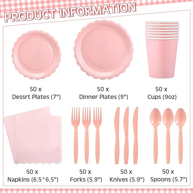 350 Pcs Light Pink Plates and Napkins, 50 Guest Spring Party Supplies Include Scalloped Paper Plates Napkins Cups Plastic Spoons Forks Knives Disposable Tableware Set for Baby Shower