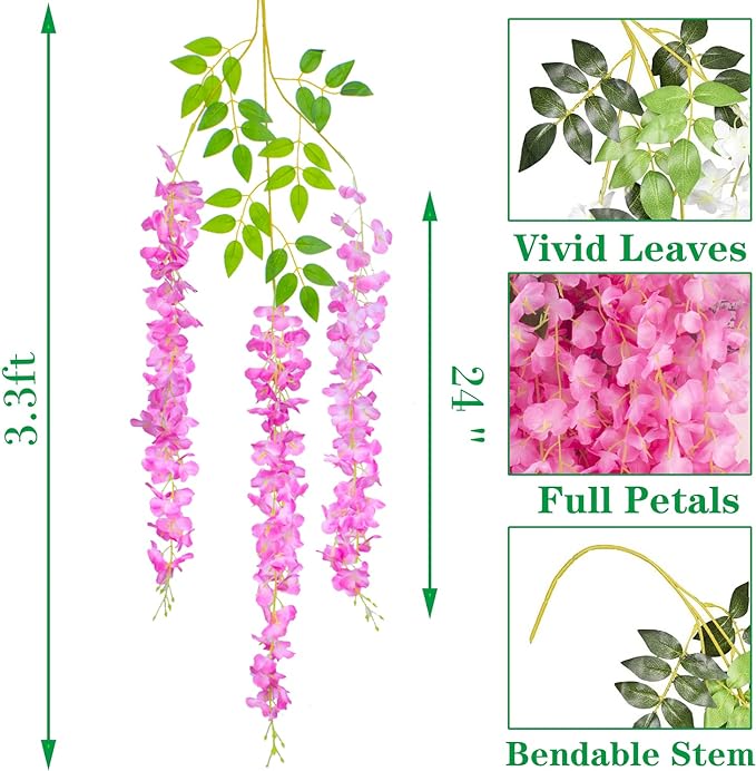 24 Pack Artificial Fake Wisteria Vine Ratta (3.75 Feet) Hanging Garland Silk Flowers String Home Party Wedding Decor(Pink)