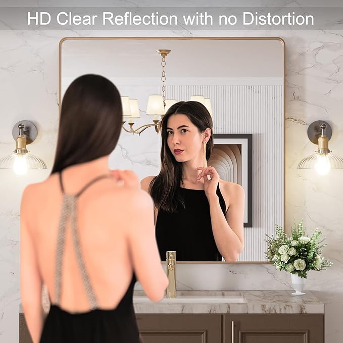 LOAAO 36”X36” Gold Bathroom Mirror, Rounded Rectangle Gold Frame Mirror, Brushed Gold Bathroom Vanity Mirror Wall-Mounted, Anti-Rust, Tempered Glass, Hangs Horizontally or Vertically