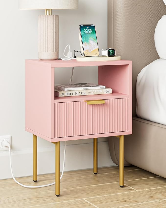 Nightstand,Morden Bedside Table with Gold Frame,Small White Night Stand,End Table,Bedside Furniture,Side Table with Drawer and Shelf for Bedroom,Living Room (1Drawer, Pink-Outlet)