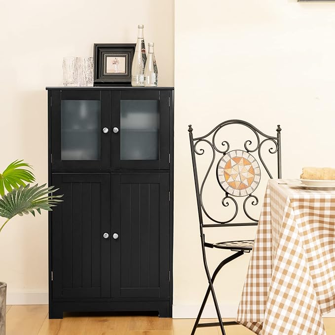 GOFLAME Bathroom Storage Cabinet, Freestanding Storage Cabinet with 4 Doors, Wooden Kitchen Cupboard with Adjustable Shelf, Buffet Sideboard, Multipurpose Home Organizer for Bathroom, Kitchen, Black