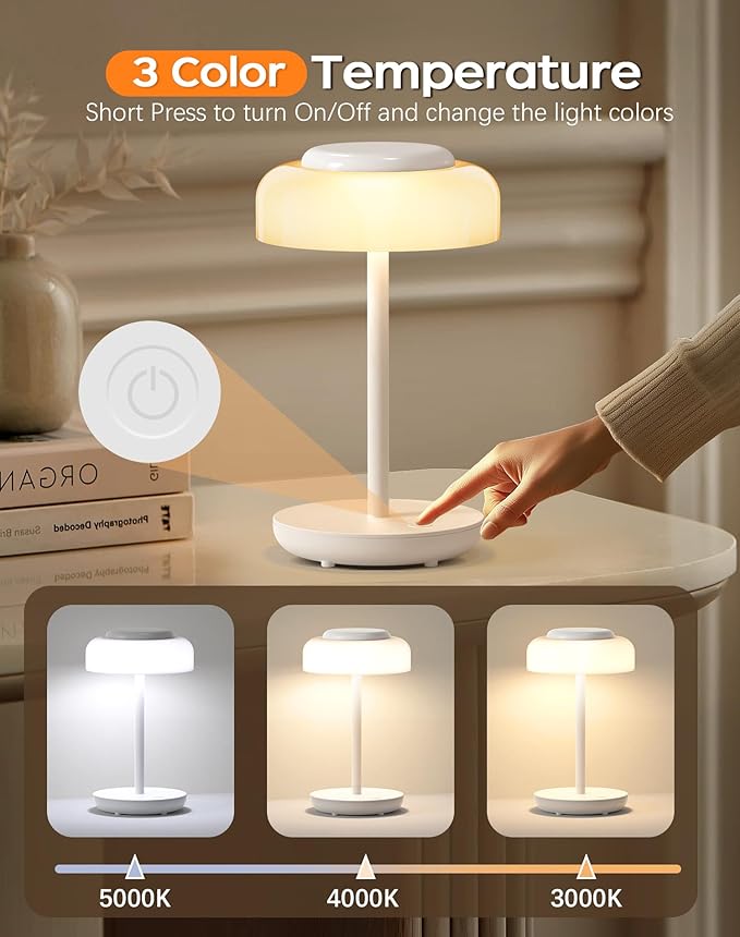 QiMH Battery Operated LED Table Lamp, 5000mAh Rechargeable Cordless Lamp, Stepless Dimmable Touch Control, Small Waterproof Desk Night Light for Living Room, Bedroom, Outdoor Bar (White)
