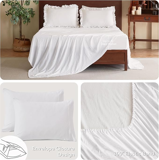 MR&HM King White Ruffle Comforter Set, Farmhouse Shabby Chic Bedding Comforter Set, Boho Bed in a Bag Set 7 Pieces with 1 Comforter, 1 Flat Sheet, 1 Fitted Sheet, 2 Pillowcases & 2 Pillow Shams