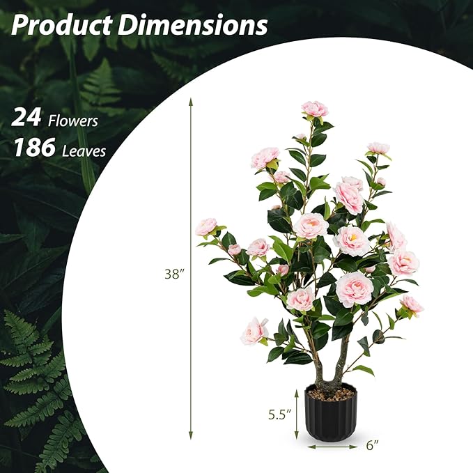 Goplus 38’’ Artificial Camellia Tree, Flower Plants Artificial Tree, Faux Floral Plant Blooming Tree in Cement Pot, Greenery Potted Plant for Indoor Outdoor Office Home Porch Decor