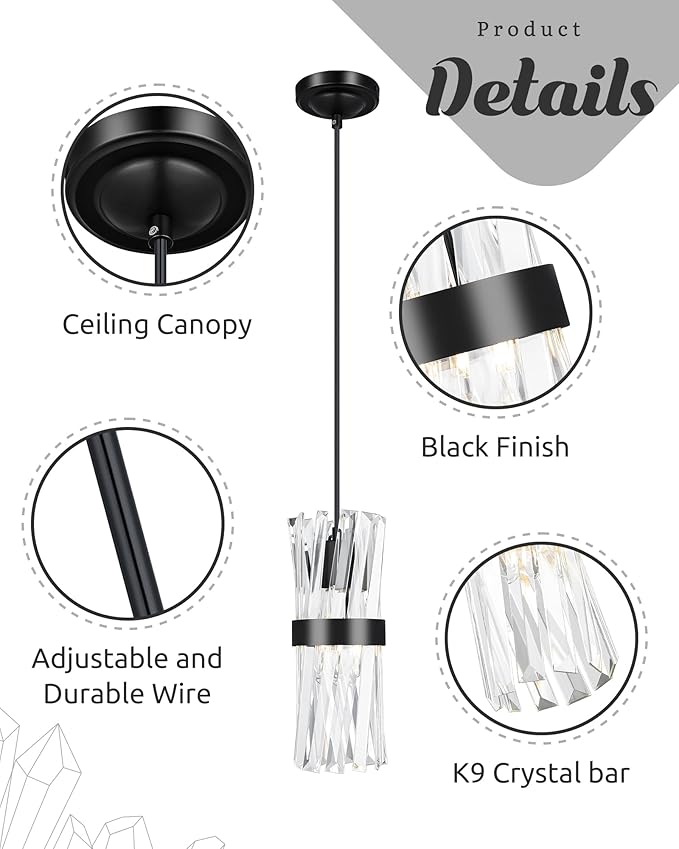 Ken & Ricky Crystal Pendant Light, Modern Black Pendant Light, Adjustable Island Lights for Kitchen Hallway Bathroom Bedroom, Two Style Options, KR3356-1PK
