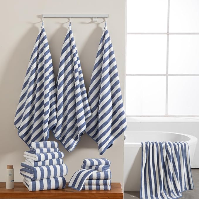 18 Pcs Blue White Stripe Family Towels Set with Hanging Loop-6 Bath Sheets,6 Hand Towels,6 Washcloths Ultra Soft Bathroom Towel Highly Absorbent Quick Dry Shower Towel for Beach Chair,Spa,Gym,Hotel