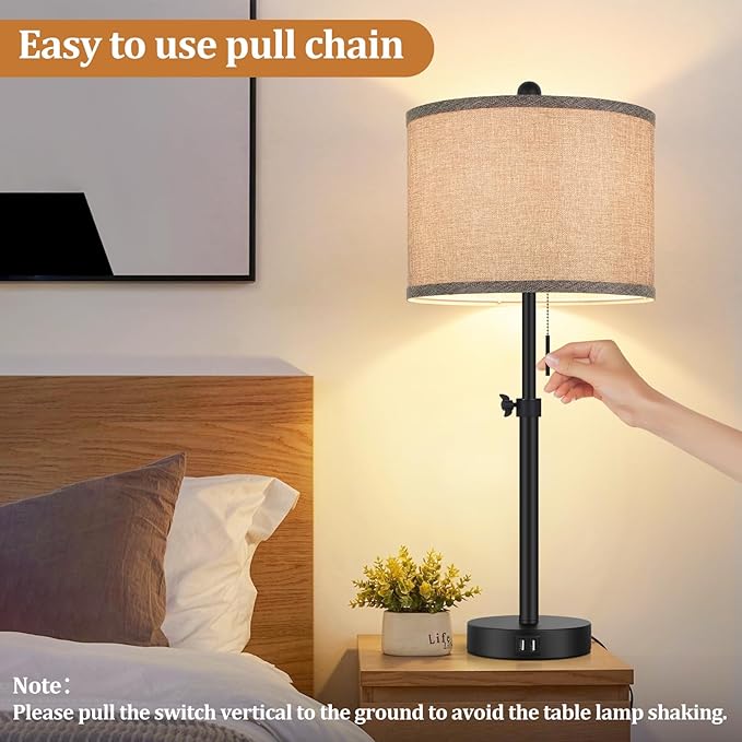 Table Lamps for Bedroom Set of 2, 23''-30'' Adjustable Height Bedside Lamps with 2 USB Ports, Black Nightstand Lamps with Grey Linen Shade, Modern Stylish Living Room Lamp Set with Pull Chain