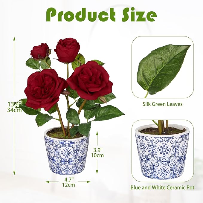 Hollyone Red Roses Artificial Flowers in Blue and White Porcelain Vase 13.4" Fake Roses Flower Arrangement Artificial Plants & Flowers Potted Plant Faux Silk Rose Flower with Ceramic Pot Home Decor