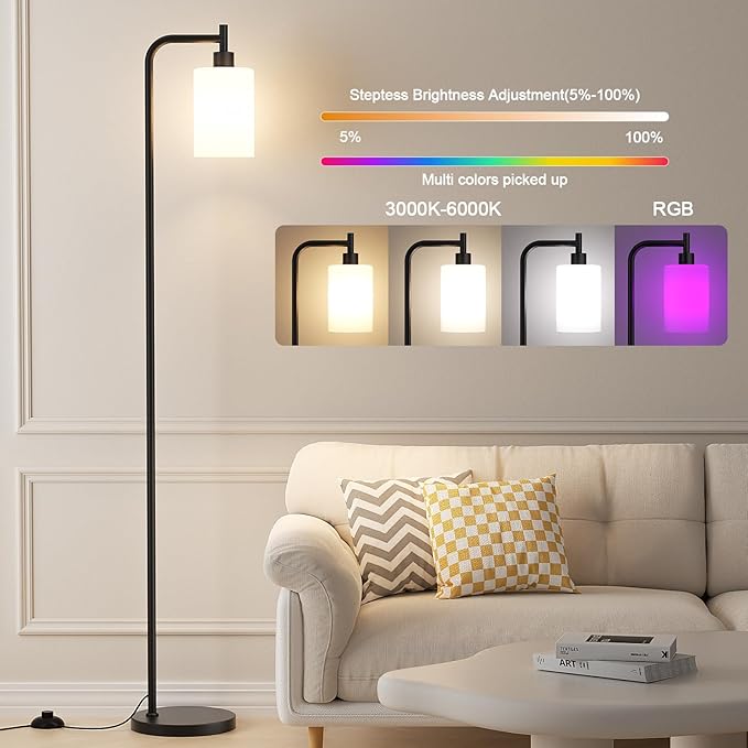 RGB Floor Lamps for Living Room, Dimmable Industrial Standing Lamp with Remote Control for Bedroom Office Corner, 3 Colors Temperature, White Glass Shade, 9W RGB LED Bulb