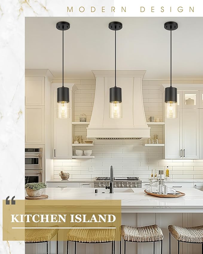 2-Pack Pendant Lights Kitchen Island, Matte Black Hanging Lights Fixtures with Cylinder Clear Glass, Modern Kitchen Pendant Lighting Over Island for Dining Room, AD-24023-1P2-BK