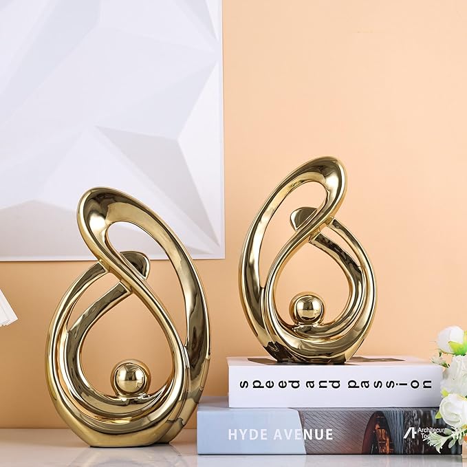 XMGZQ Home Decor Accent,Porcelain Art Mid Century Bookshelf Decorations,Gold Centerpieces for Tables,Abstract Ceramic Statue Sculpture for Coffee Table Mantel Tv Stand Centerpieces (Gold, Large)