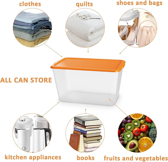 Storage Totes with Lids - Made in USA 14.5-Gallon (58-Quart) 4-Pack storage bins with lids plastic storage containers large storage boxes for Organizer Orange/Clear