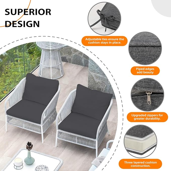 Sundale Outdoor Olefin Deep Seat Cushion Set of 2, Patio Chair Cushion and Pillow, Water-Resistant Sectional Sofa Pad with Straps Medium Gray, 24 x 24 x 4 Inches