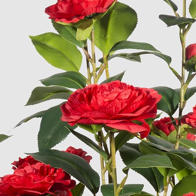 Romantic Season 2Pack Artificial Camellia Tree, 3FT, Red Faux Camellia Plant, Fake Potted Flower Tree for Modern Homes