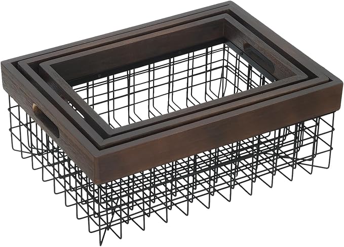 Set of 3 Metal Wire Baskets for Organizing Wood Top with Handles Storage Organizer Farmhouse Decor for Kitchen Cabinets Pantry Laundry Room Bathroom Closets Nesting Countertop Baskets