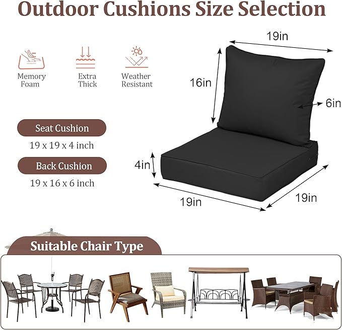 Waterproof Outdoor Chair Cushion Set of 4, 19x19x4 IN Deep Seat Patio Cushions with Fade Resistant Removable Cover,Outdoor Cushions for Patio Furniture with Ties&Handle for Chair Sofa Couch,Black