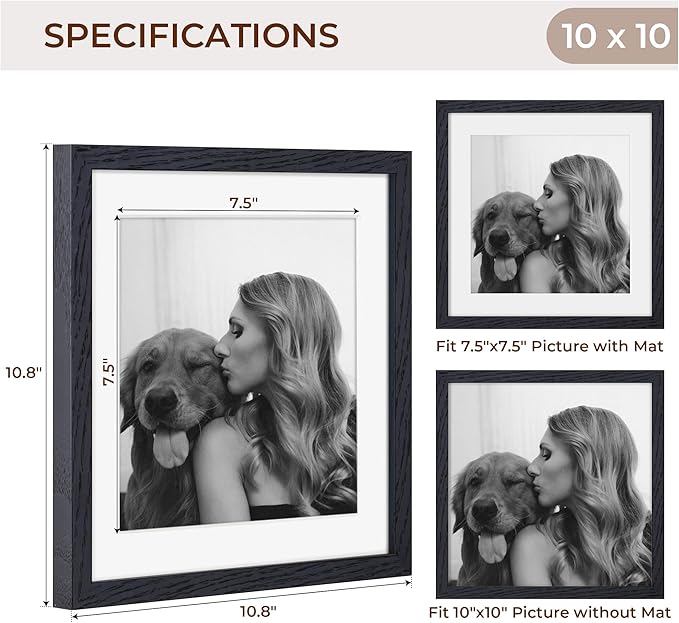 10x10 Picture Frame Set of 2, Solid Oak Wood Frame 10 x 10, 10 by 10 Wood Frames for Wall, 10x10 Picture Frame with Mat for 8x8, Square 10"x10" Photo Frames Real Glass, Black Color, 2 Pack