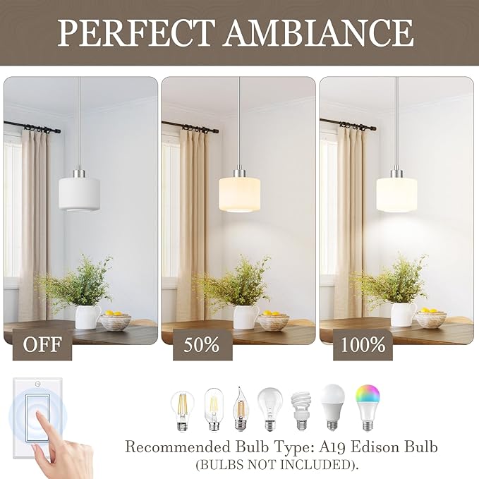 Brushed Nickel Pendant Lights Kitchen Island, 1-Light Modern Milk Glass Hanging Light Fixtures with Rods, Mini Kitchen Pendant Lighting Over Island for Sink Bathroom, OS-YQ8153-1PBN