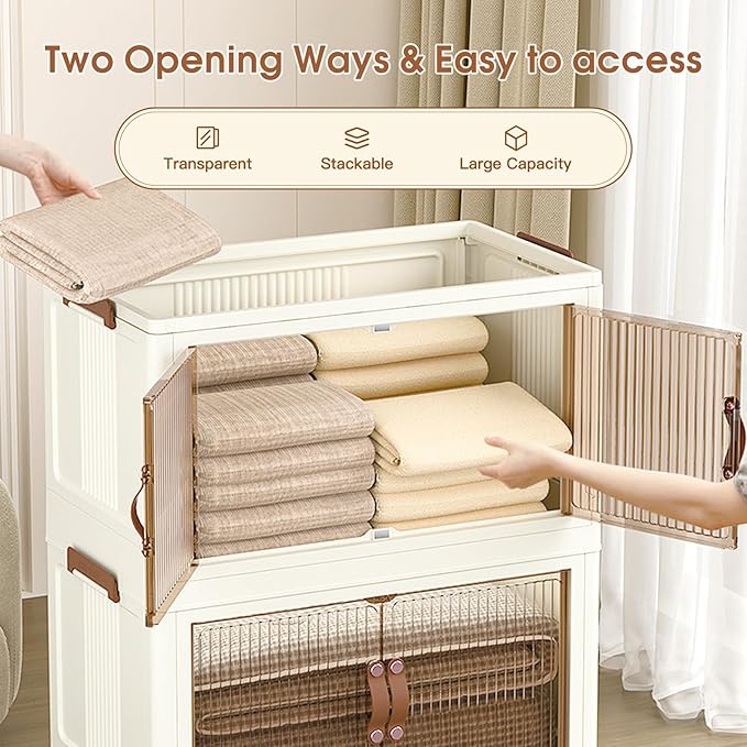 4 Tier Storage Bins with Lids, 104QT Collapsible Plastic Storage Bins, Folding Storage Boxes with Doors, Stackable Storage Organizer for Home, Office and Dorm