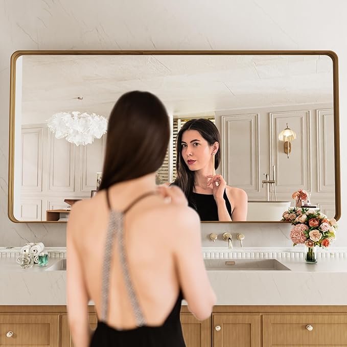 LOAAO 72X40 Inch Bathroom Mirror with Wood Grain Colored Metal Frame, Rounded Rectangle Metal Framed Bathroom Mirror, Anti-Rust, Hangs Horizontally or Vertically, Tempered Glass