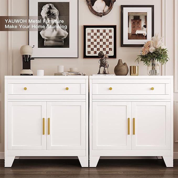 Metal Sideboard Cabinet with Big Drawers,Farmhouse Coffee Bar with One Adjustable Shelves,Buffet Cabinet,Metal Storage Cabient for Kitchen, Dining Room, Entryway, White