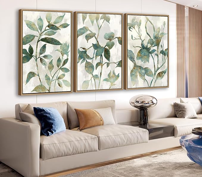 Large Framed Canvas Wall Art - Natural Float Framed Rustic Green Flowers Leaves Pictures Paintings White Grey Artwork Decor for Bedroom Living Room Kitchen Home Office Decoration 72" X 36" Set of 3
