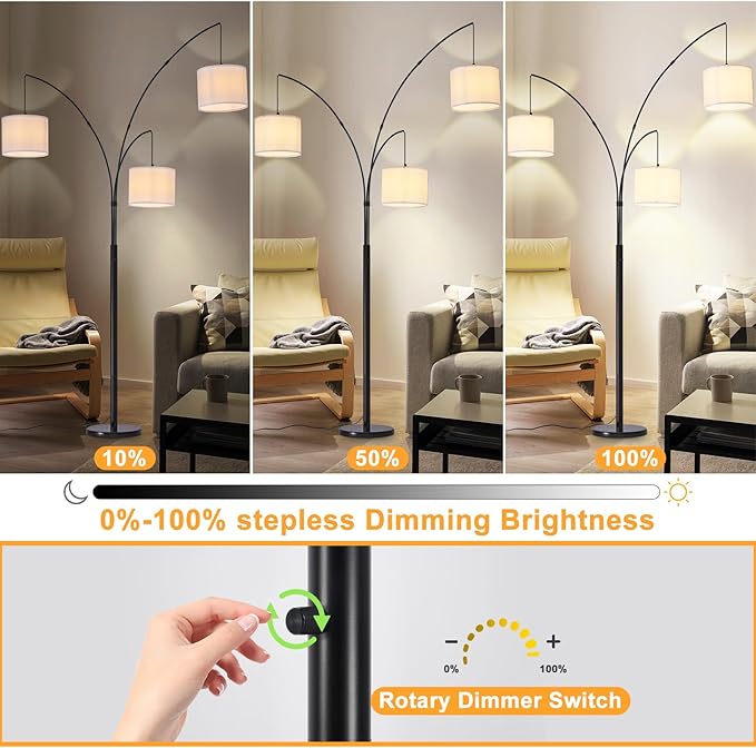 DLLT Modern Floor Lamp for Room: 3-Light Black Tree Dimmable Floor Lamps with White Shades for Living Room - Arc Standing Lamp for Bedroom - Tall Floor Lamp for Office Corner 3 LED Bulbs Included