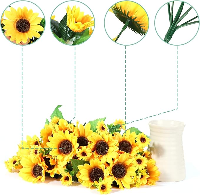Artificial Flowers with Ceramics Vase for Fall Decoration, 5 Pcs Sunflowers Fake Silk Flower Arrangements ,Faux Floral Centerpieces for Tables Dinning Room Office Tabletop Home Decor(Ripple Vase)